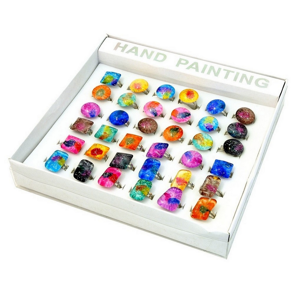Ring crystal glass handpainted round & square designs 16mm