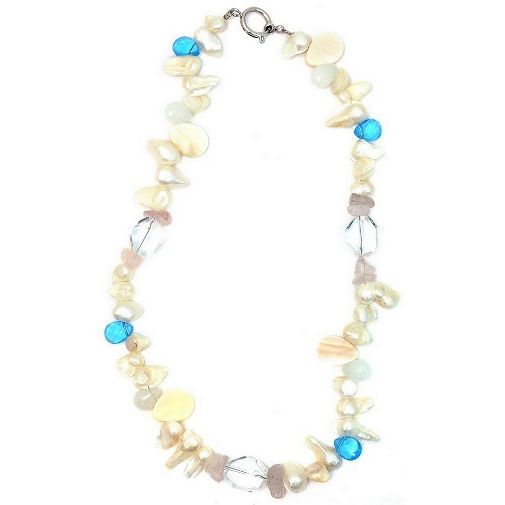 Necklace pearl & quartz crystal crystal & shells aqua blue