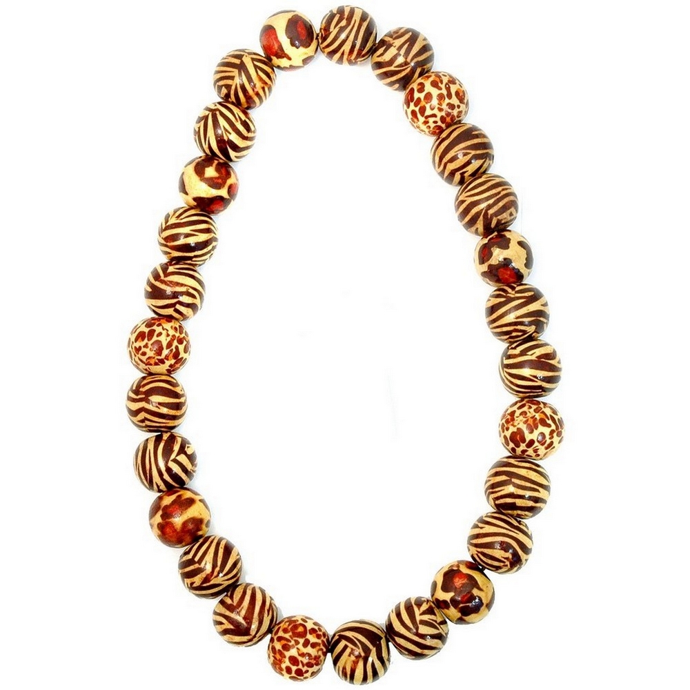 Bead string necklace wood round bead mixed animal prints