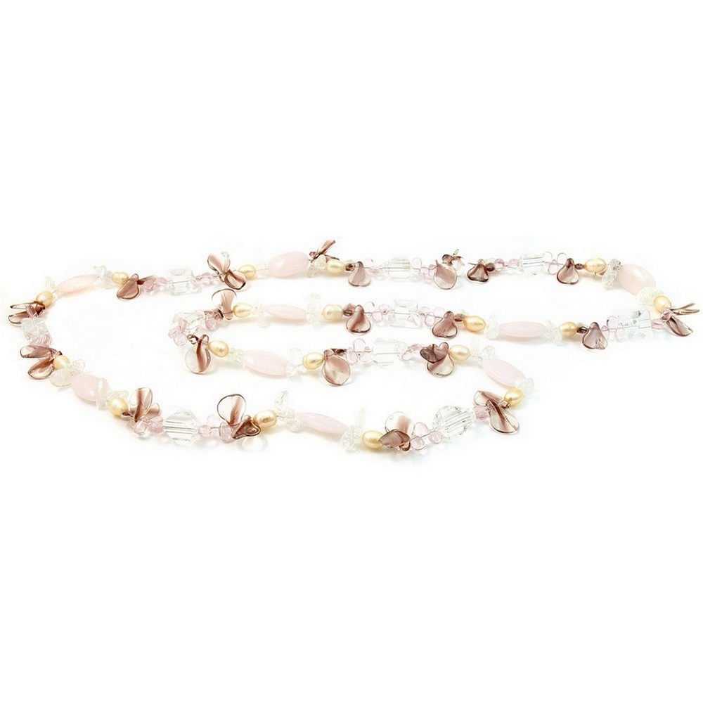 Necklace crystal glass & pearl rose quartz amethyst tones 120cm
