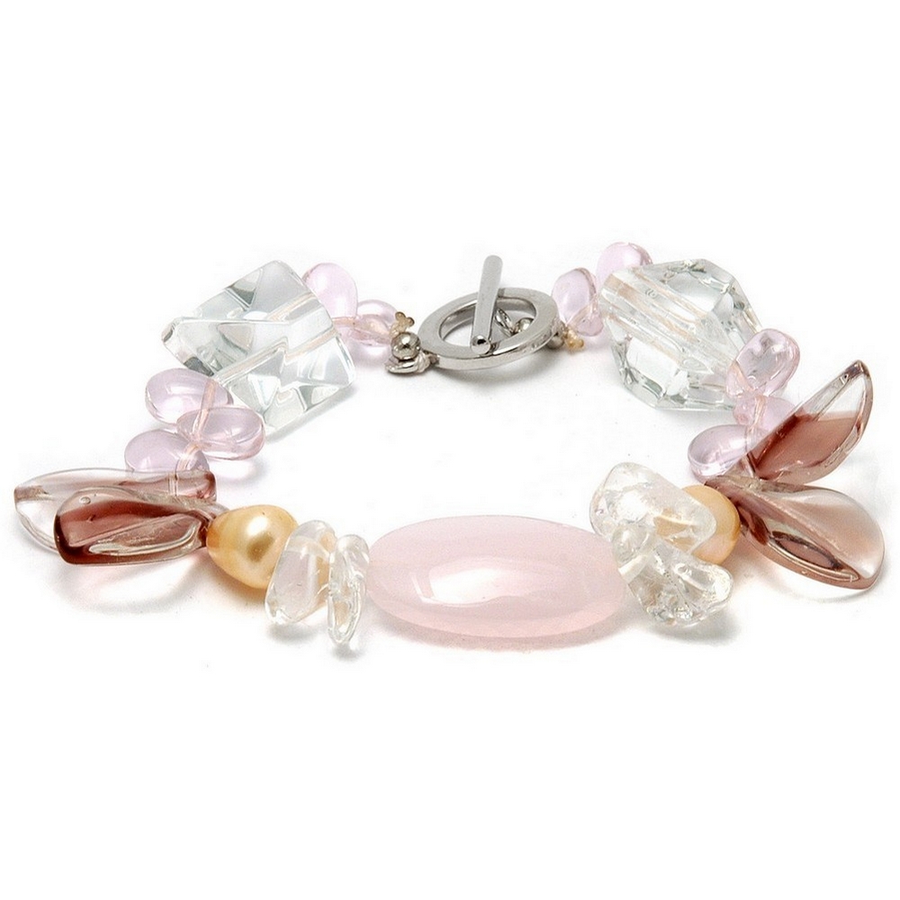 Bracelet crystal glass & pearl rose quartz amethyst tone