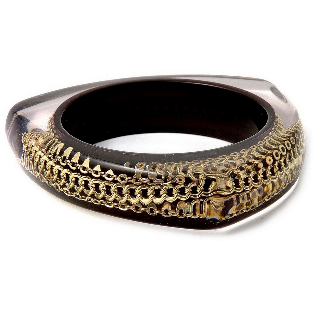 Bangle resin & chain black with gold curb