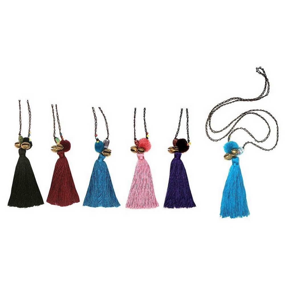 Long necklace cord bell pompom &tassel 112cm