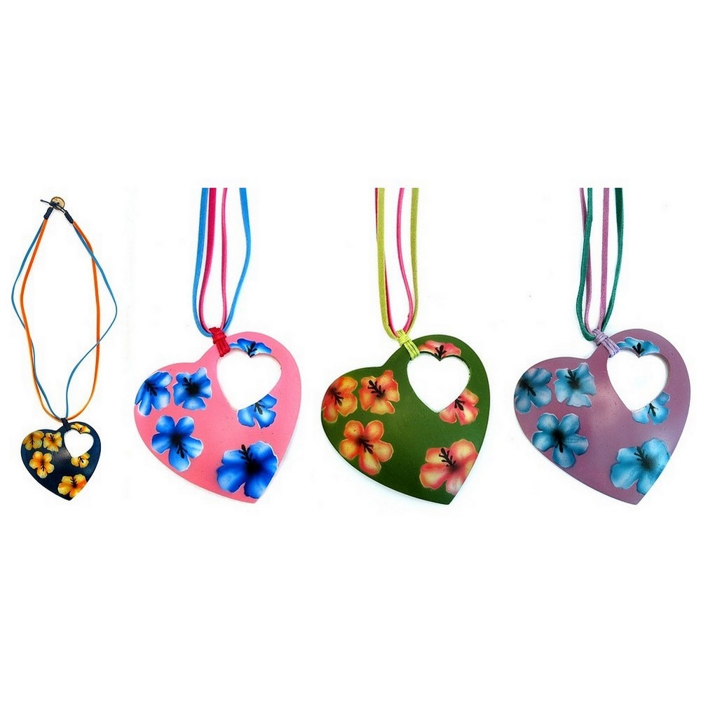 Long necklace coconut & suede heart ibiscus print
