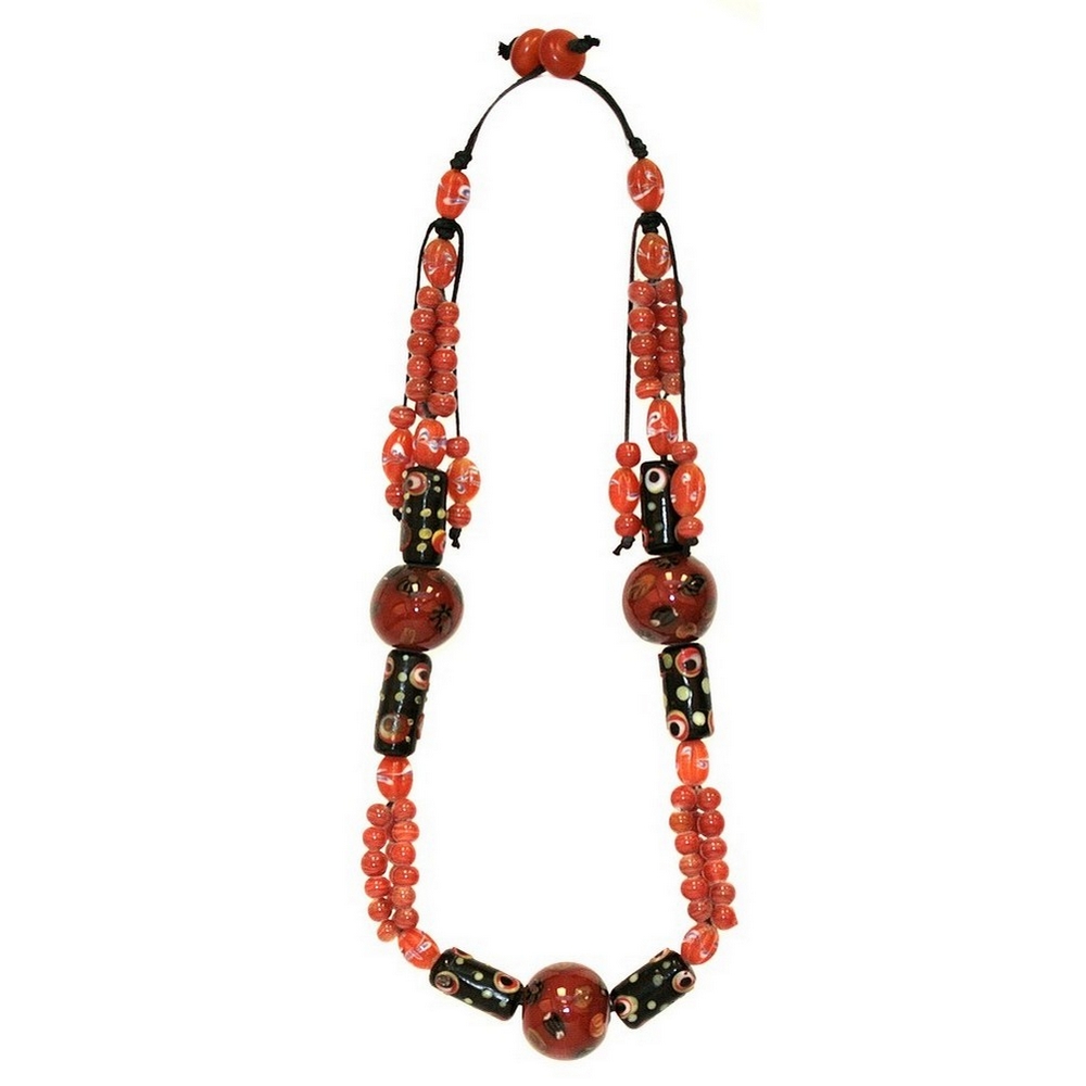 Necklace glass artisan bead red 58cm