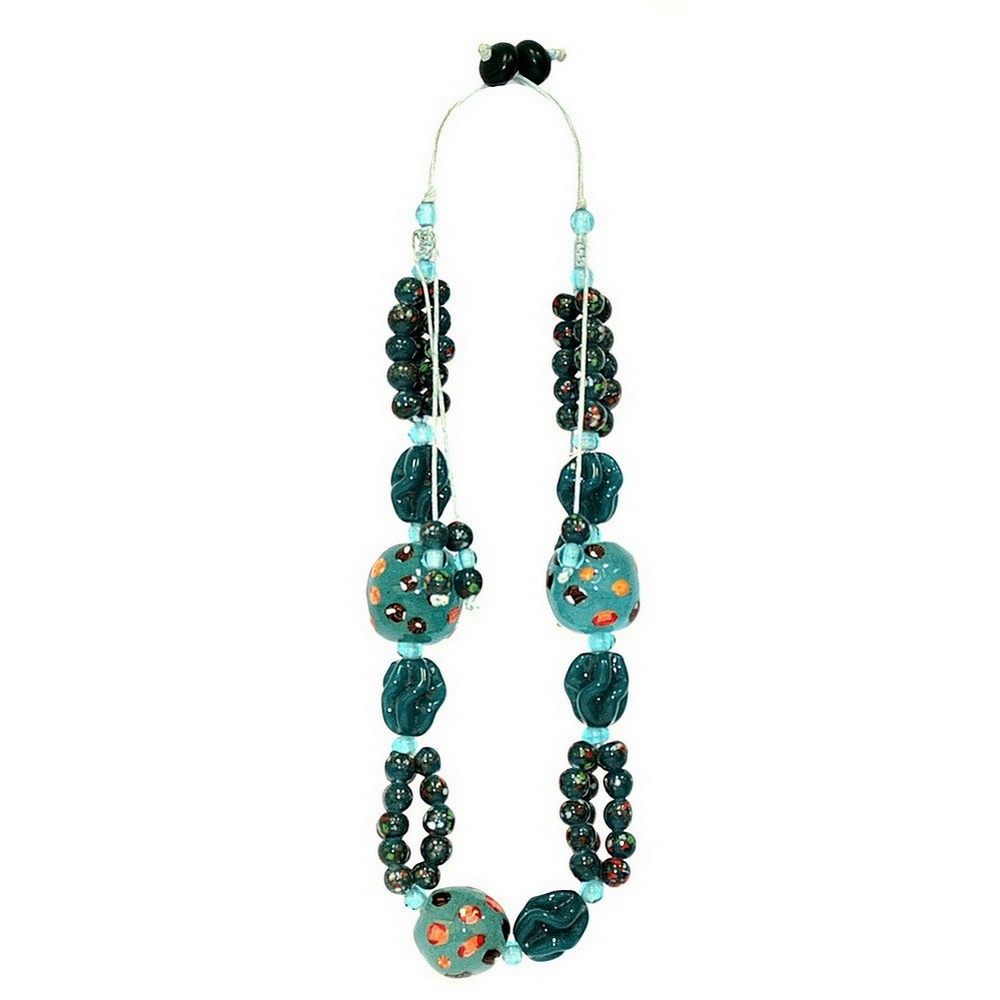 Bead string necklace glass artisan bead 58cm aqua blue