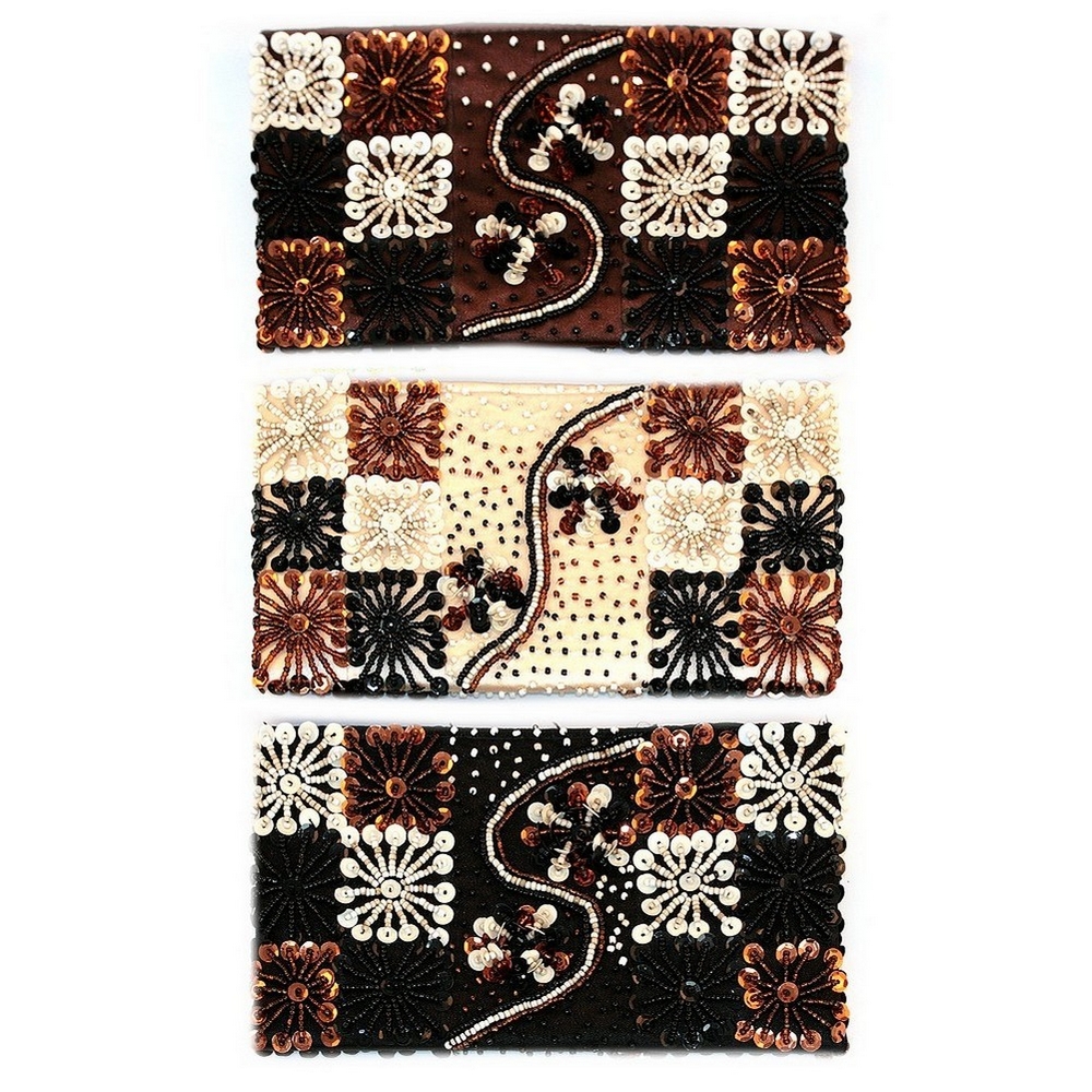 Coin purse glass & sequin art deco design with zip brown & off-white