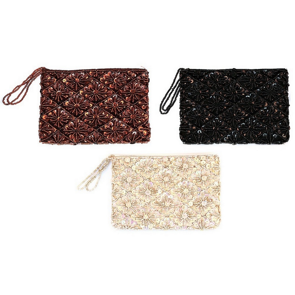 Coin purse glass & sequin diamond flower design brown & off-white