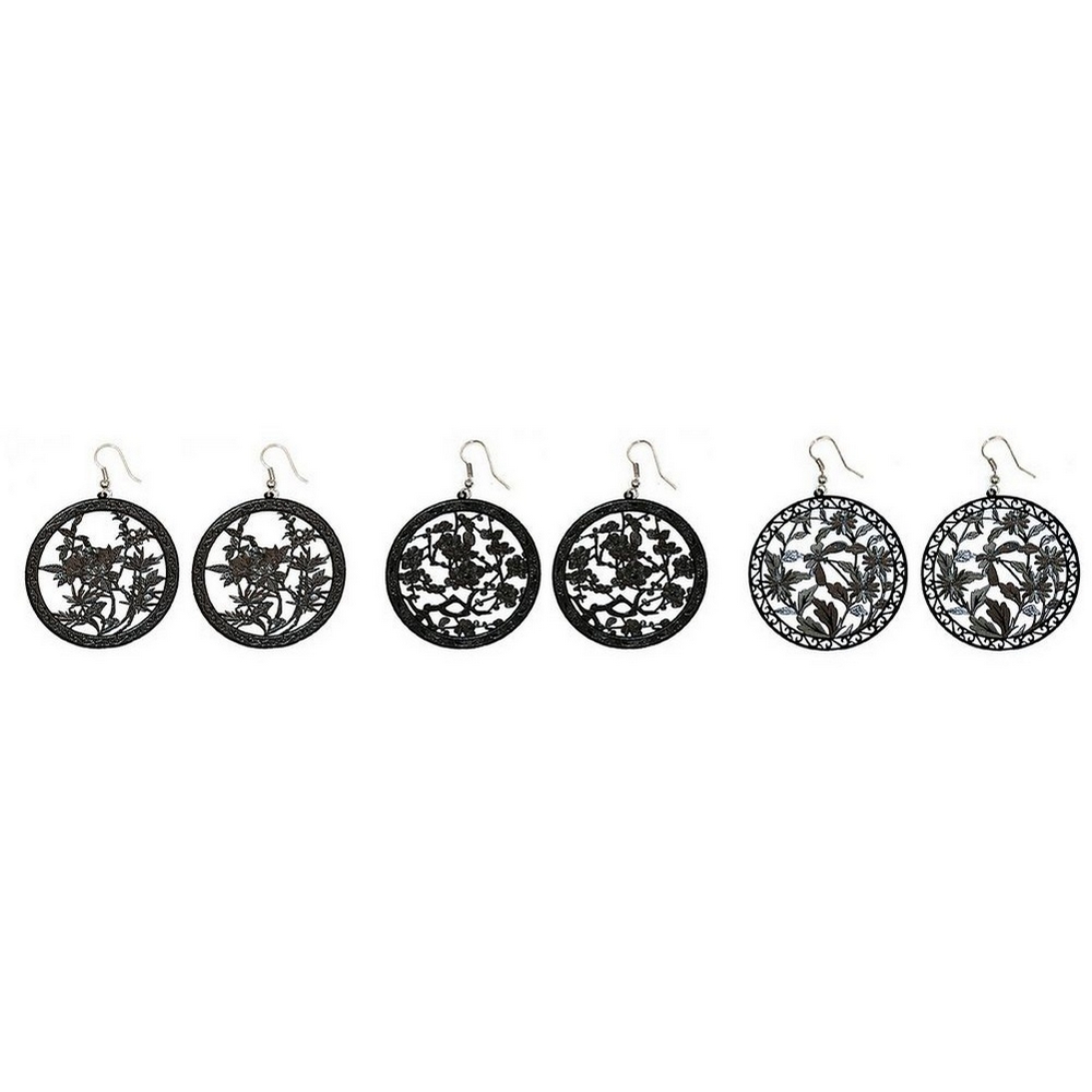 Drop earring etched & painted leaves & - flower designs