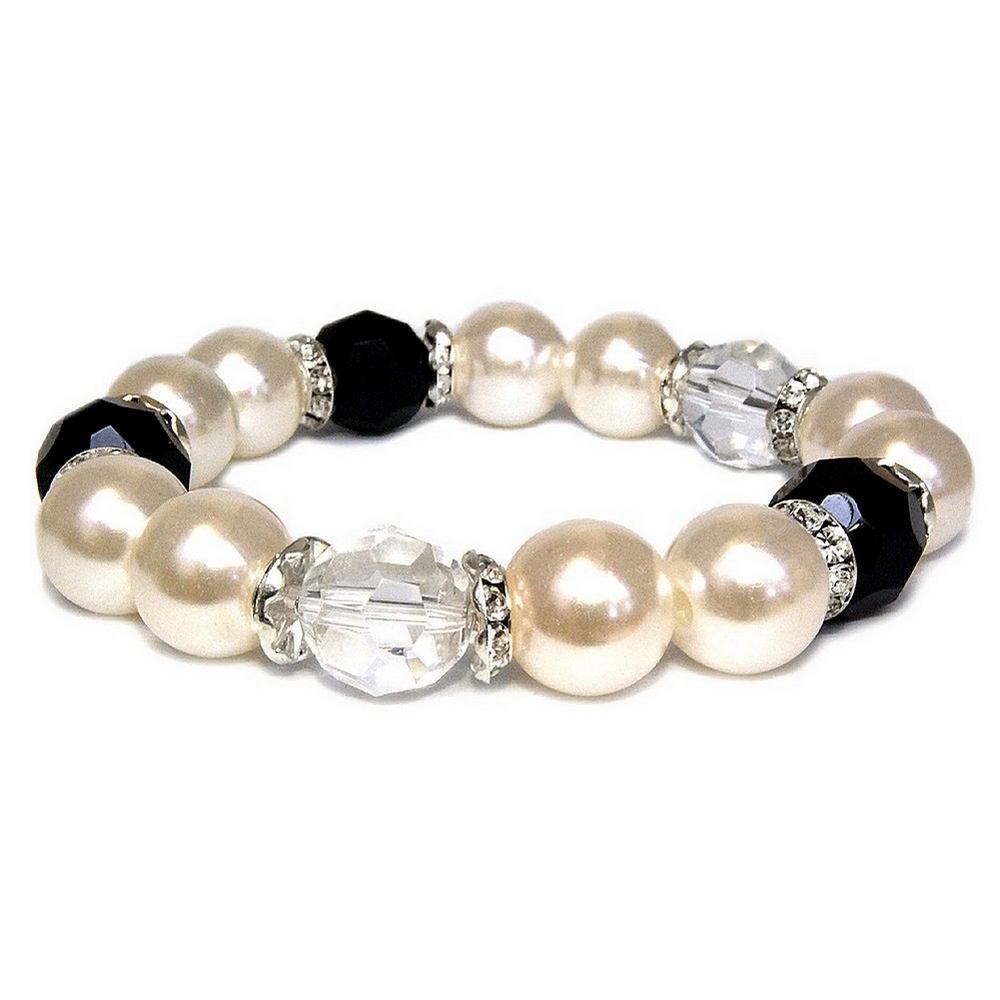 Bracelet resin & pearl black /clear bead crystal rondelle