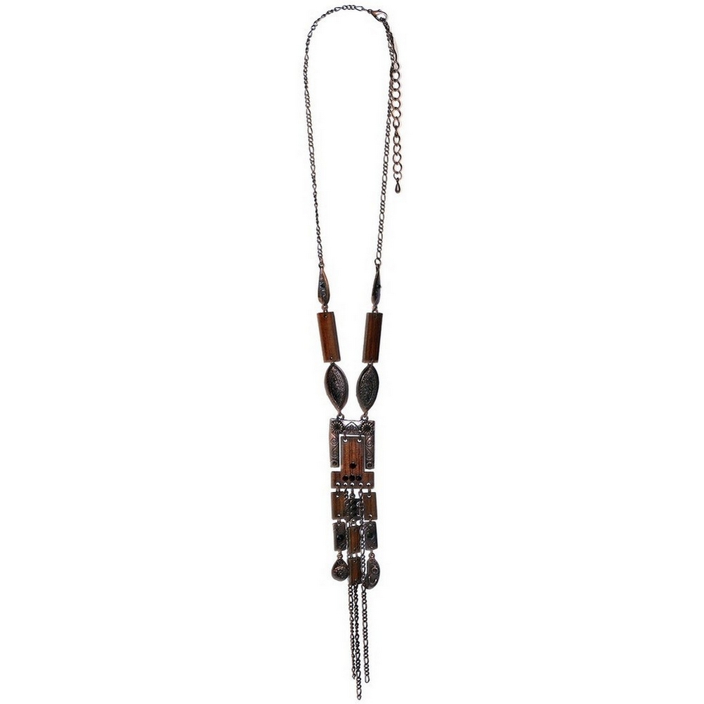 Necklace with a pendant wood & crystal glass rectangular bronze