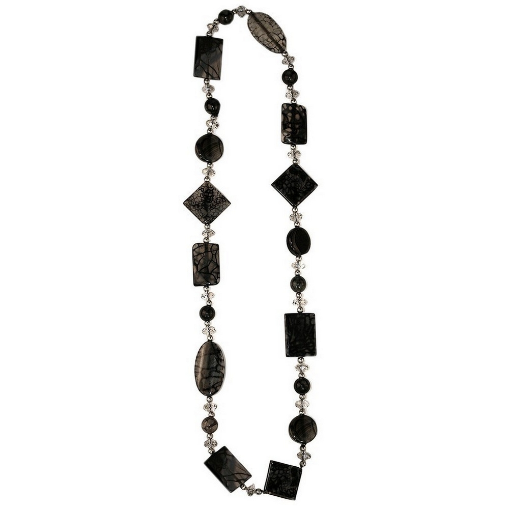 Necklace stone & crystal glass grey moss agate