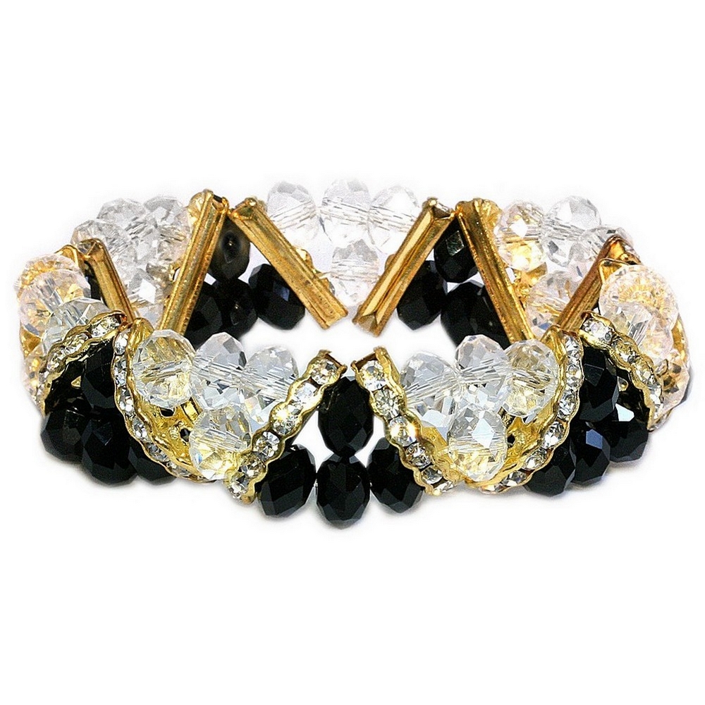 Bracelet crystal glass v-line facet clear & black gold