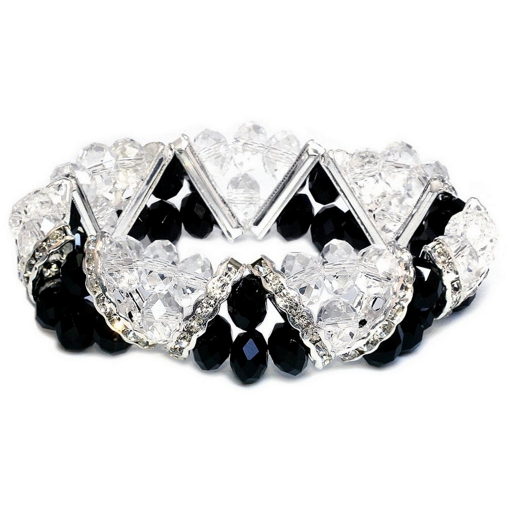 Bracelet crystal glass v-line facet clear & blk silver