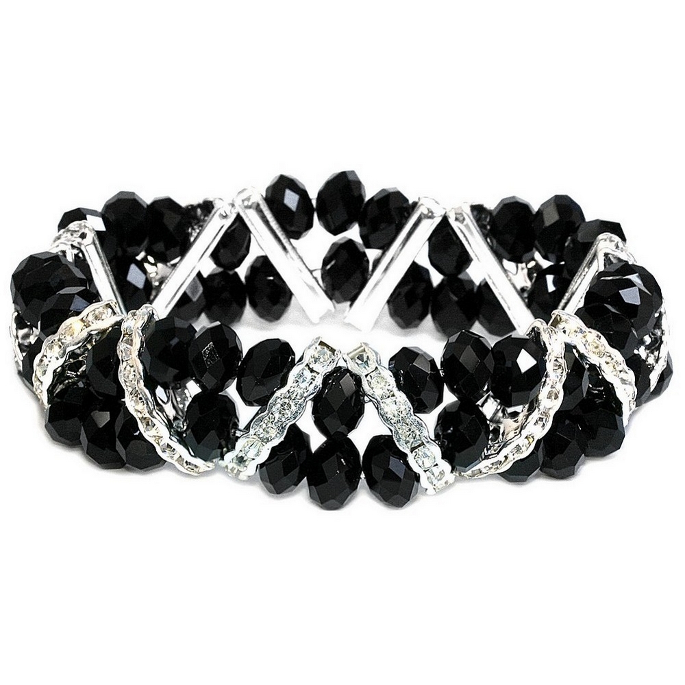 Bracelet crystal glass v-line facet black silver
