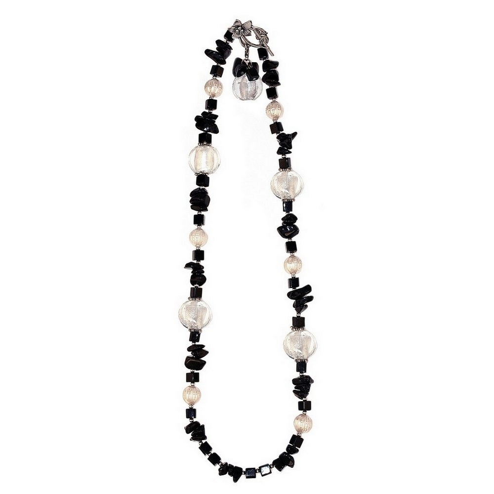 Necklace stone & crystal glass pearl & silver lined bead 62cm