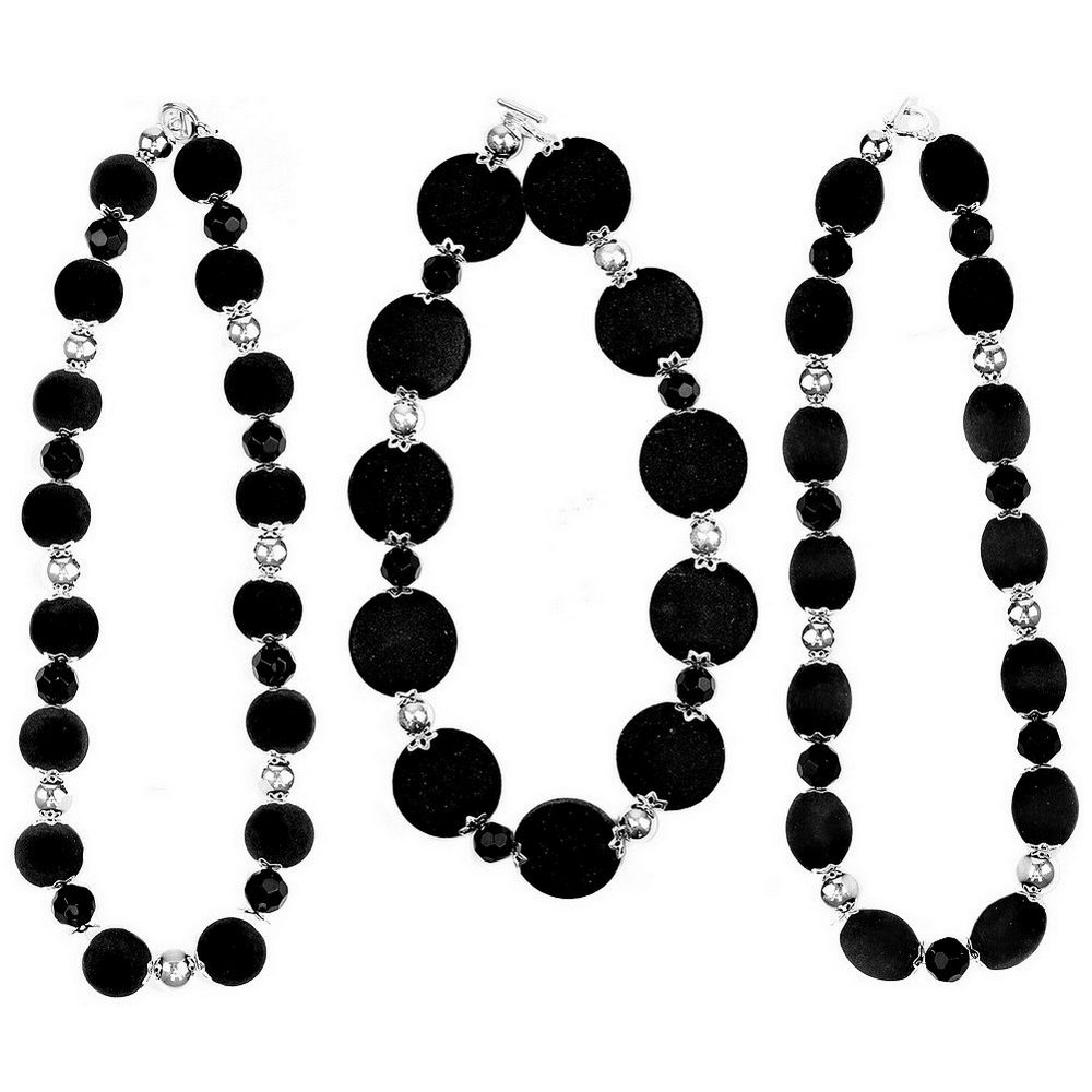 Necklace resin & crystal glass black facet & black velvet 48cm