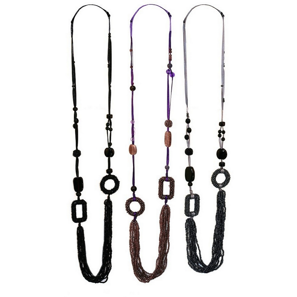 Bead string necklace glass 2 strand round/rectangular ring
