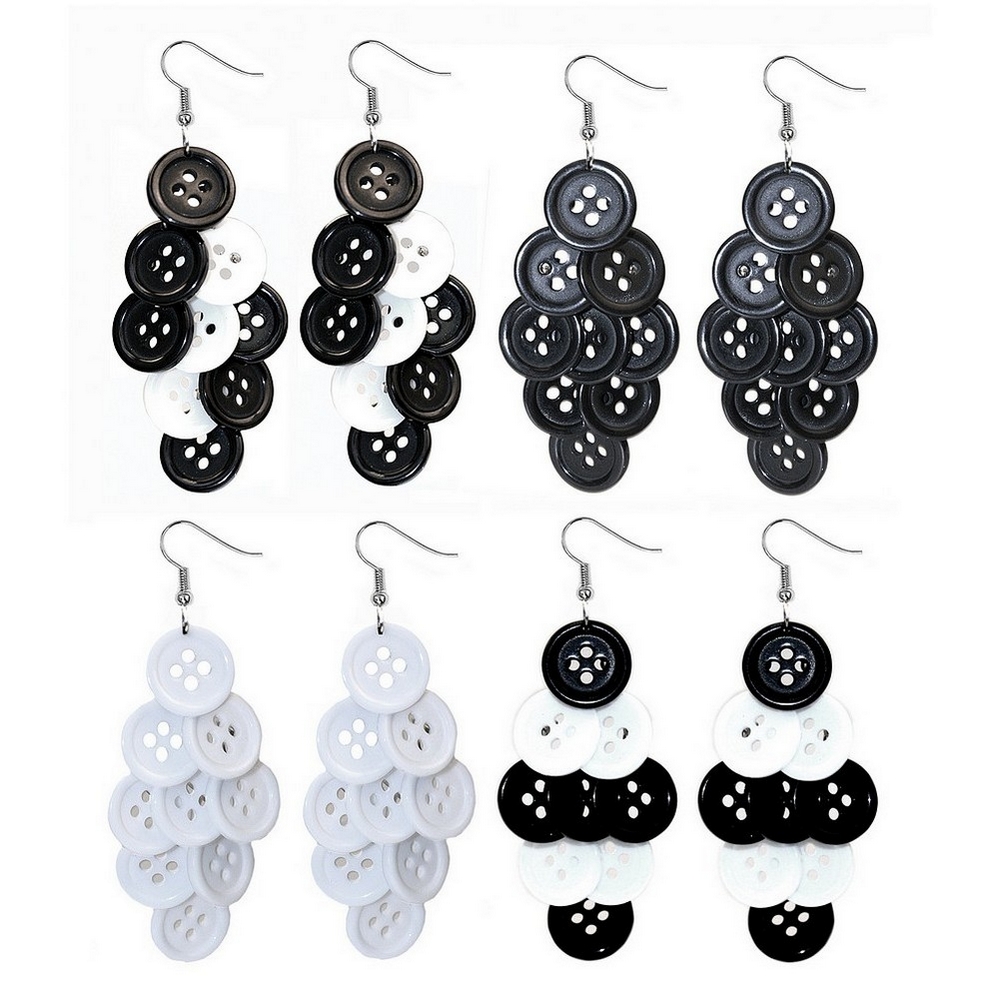 Drop earring resin 9 button cluster - black & white