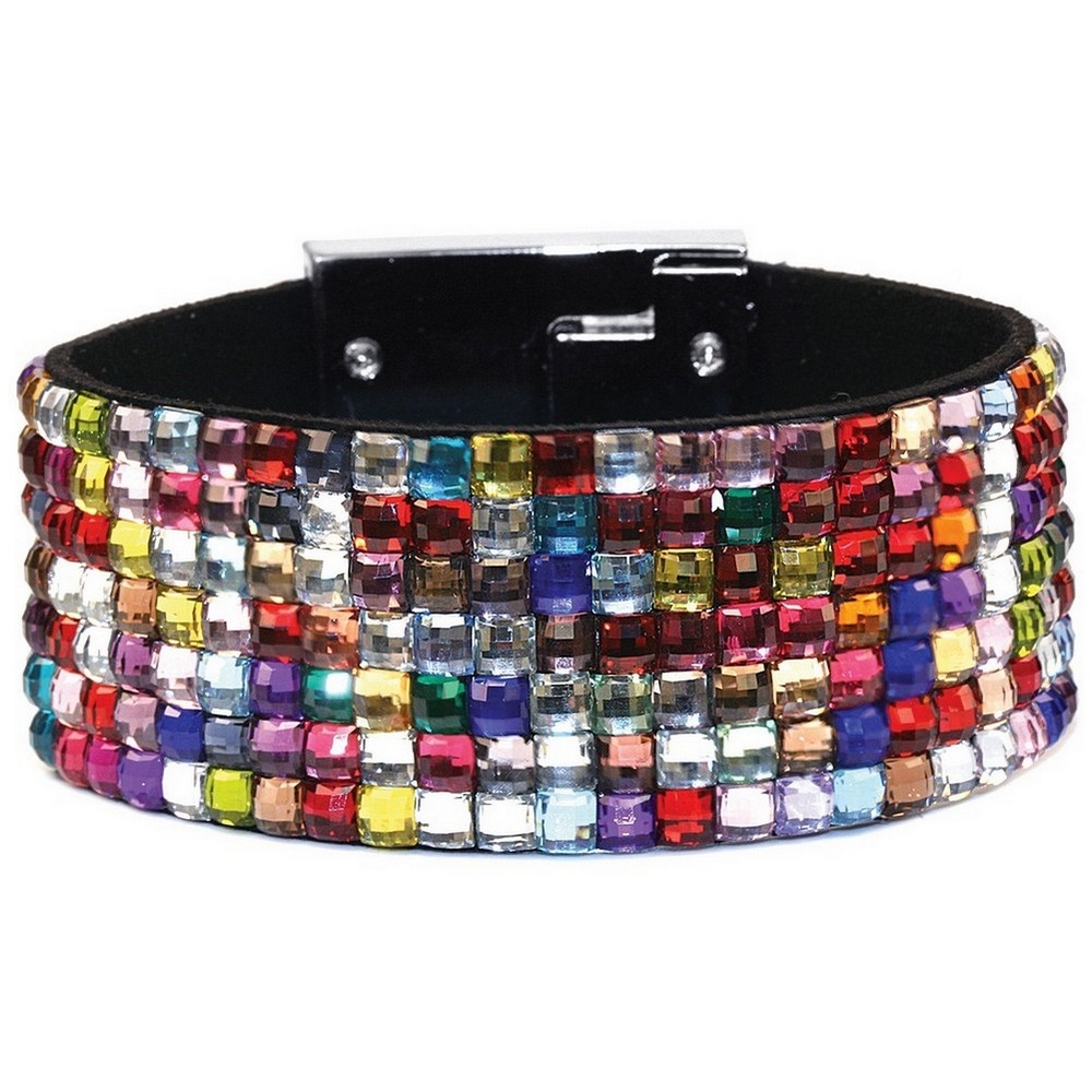 Bracelet leather & crystal glass 30mm cuff 19.5cm