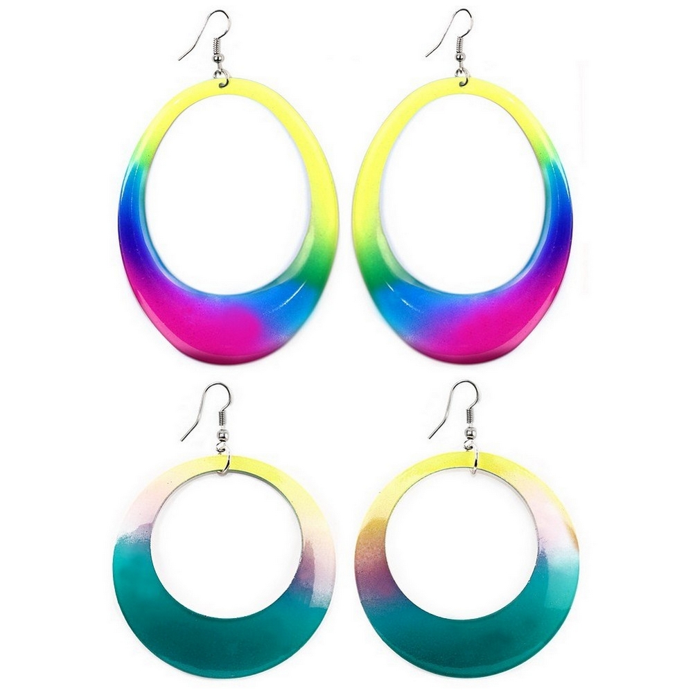 Drop earring graduated neon rainbow hoop