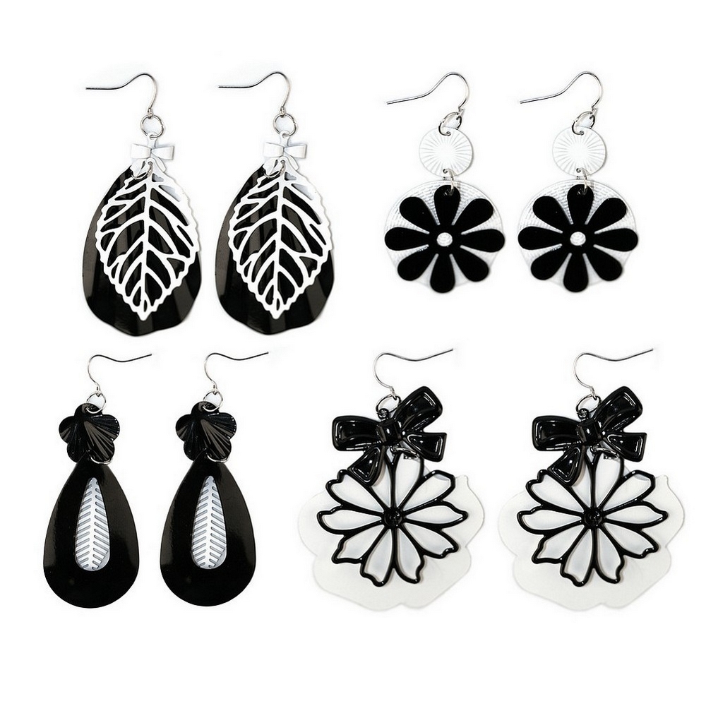 Drop earring enamel black & white foliage