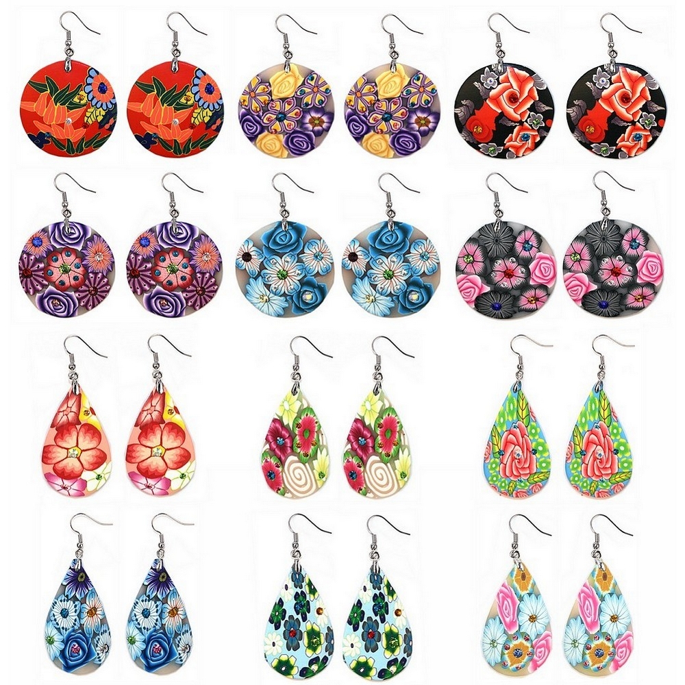 Drop earring resin floral designs with crystal stones