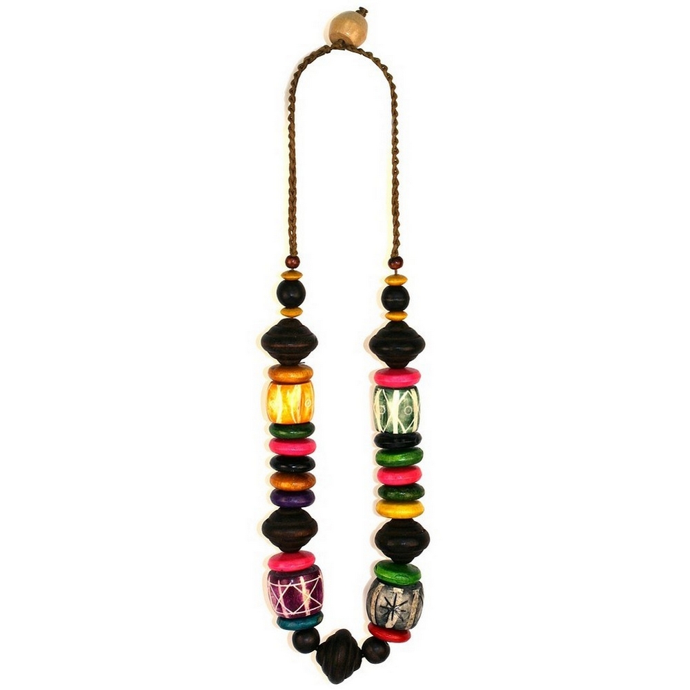 Bead string necklace bone & wood carved bead