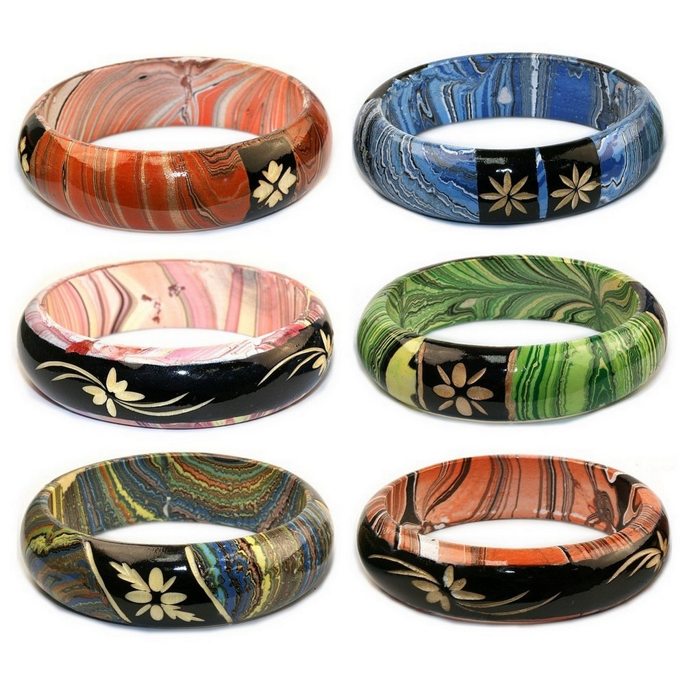 Bangle wood airbrushed paint carved flower