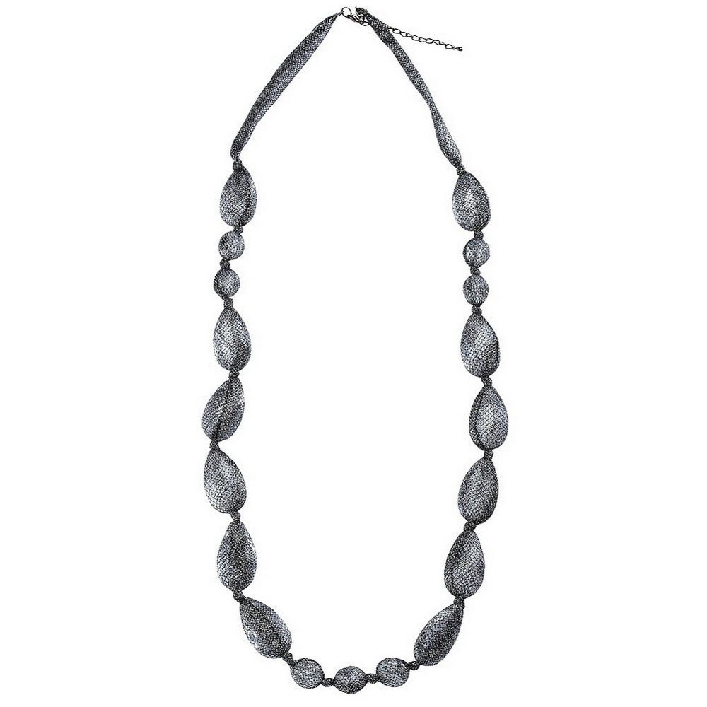 Bead string necklace acrylic pebble and lace 96cm + 7cm grey & clear