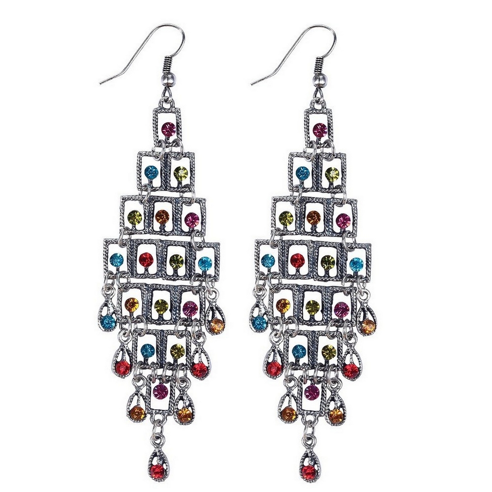 Drop earring pagoda square with facet beads 96mm antique silver & multicoloured