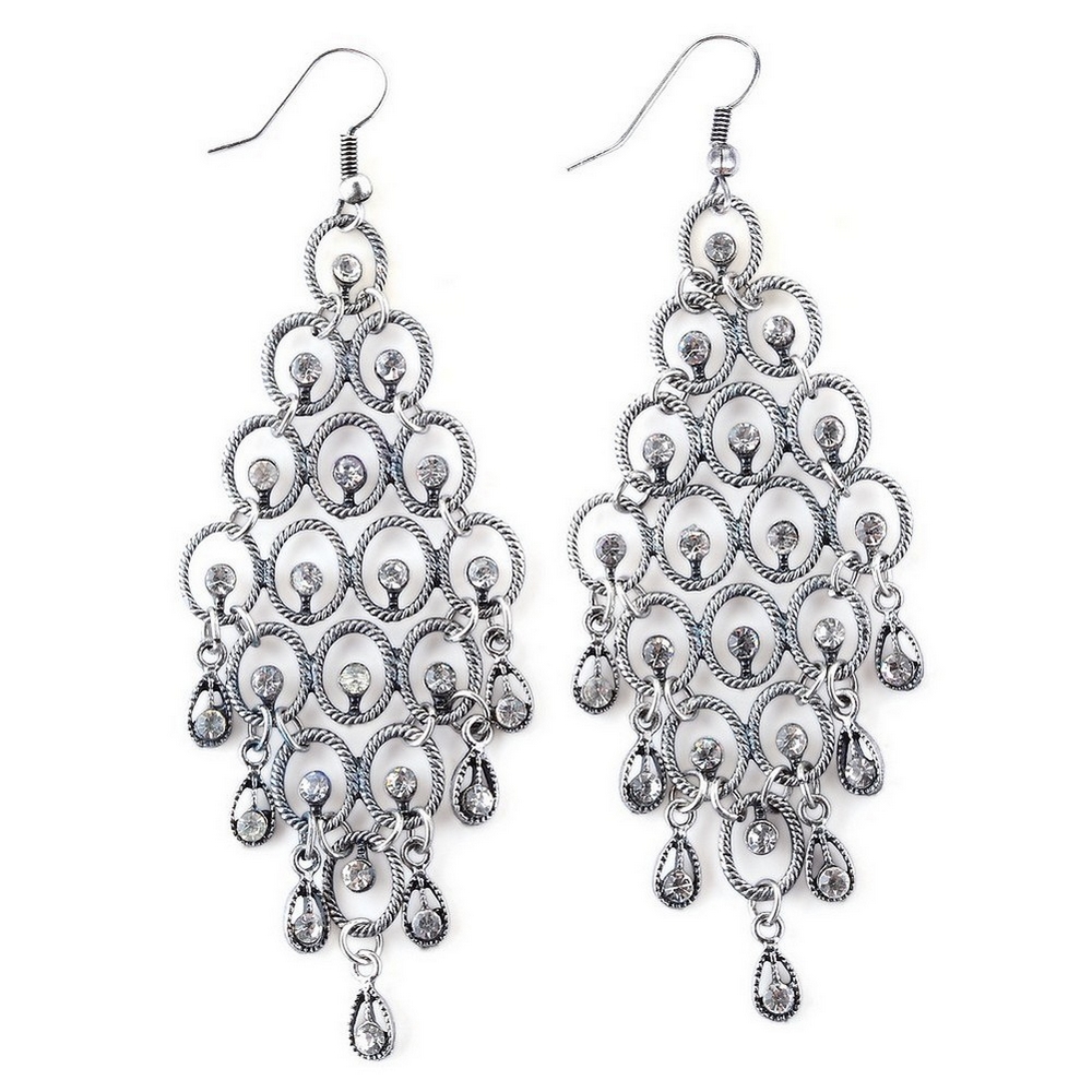 Drop earring pagoda rounds with facer beads antique silver & clear