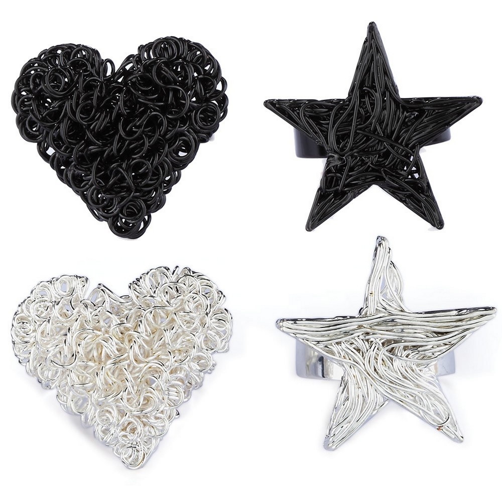 Ring mesh heart & star black & silver