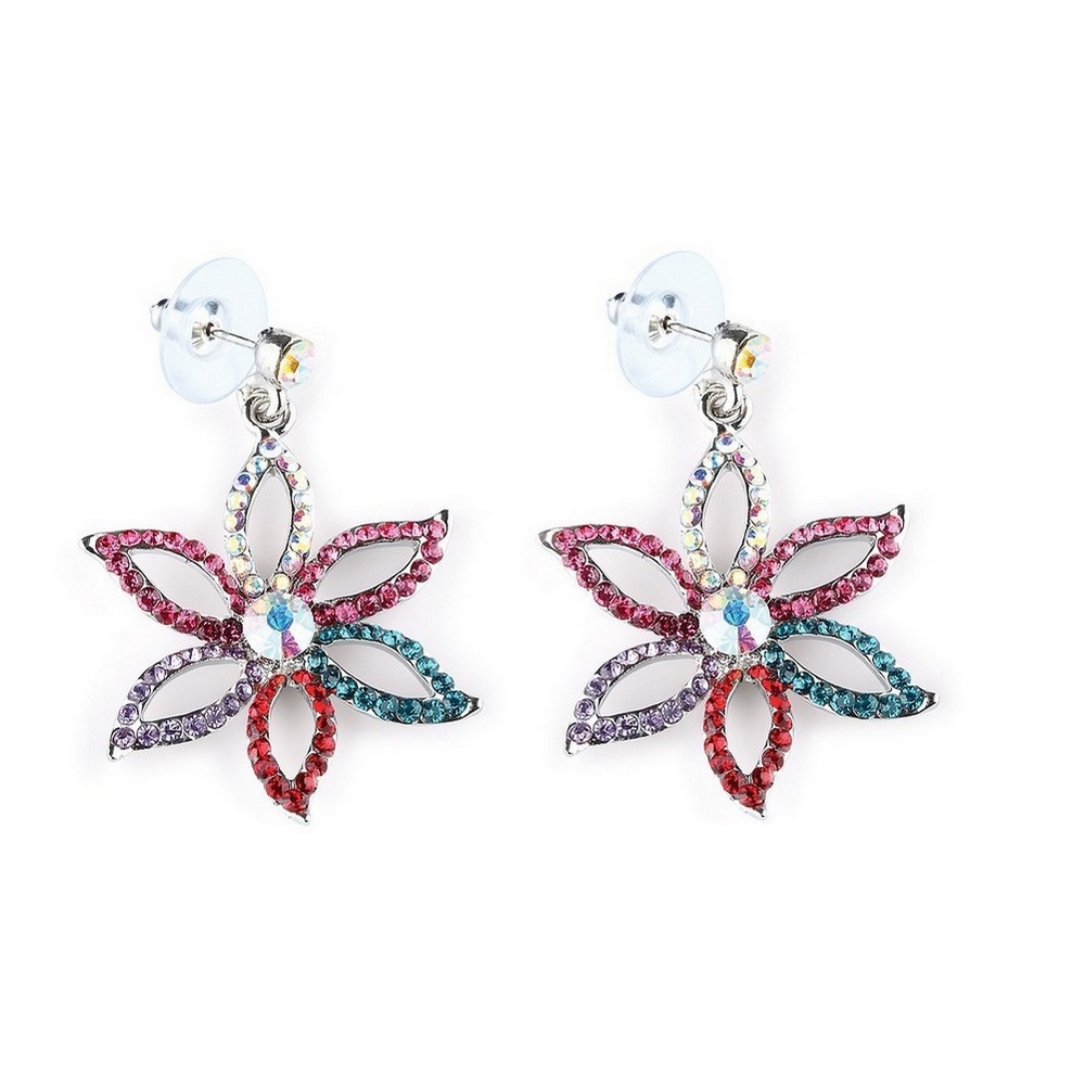 Drop earring crystal glass studded 6 petal flower 40mm multicoloured