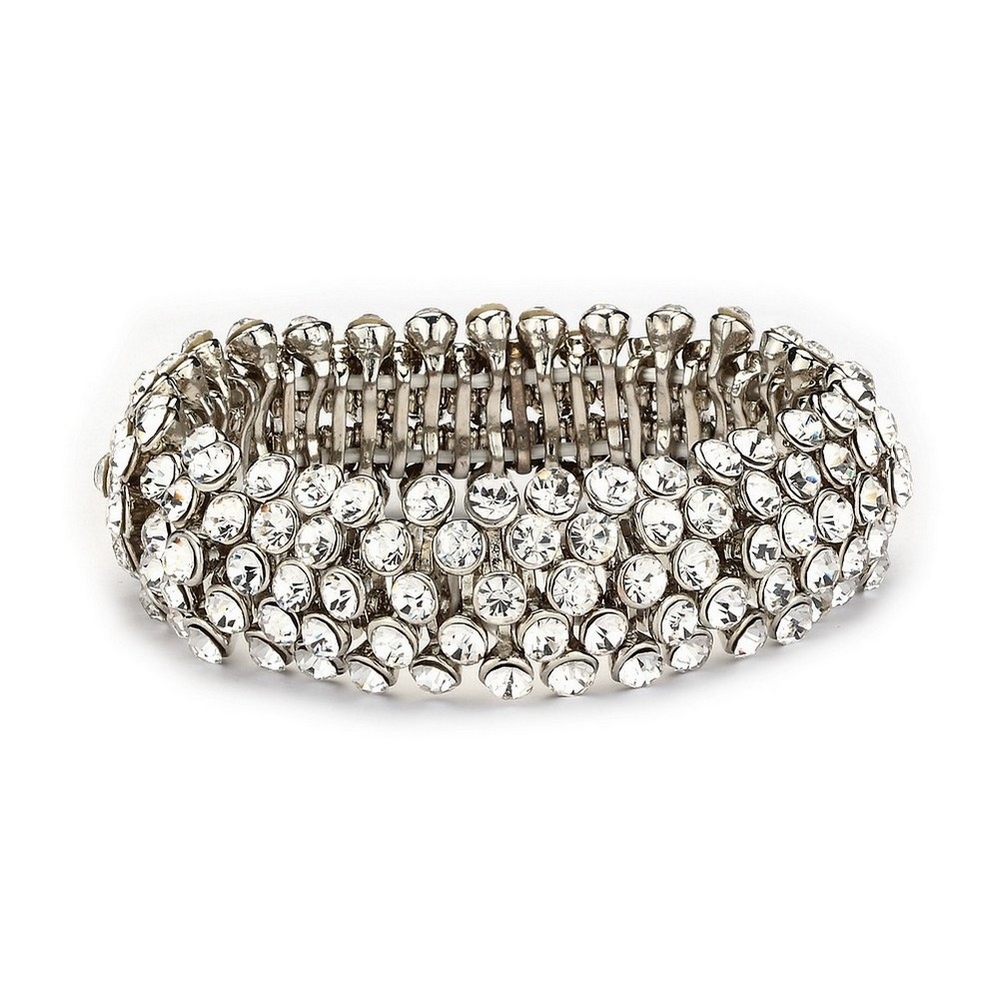Bracelet glass 6 row stones 20 mm wide antique silver & clear