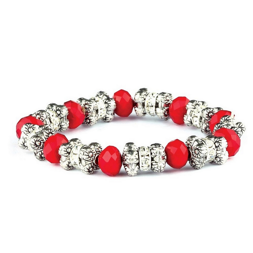 Bracelet crystal glass cast filigree  rondelles & faceted beads antique silver clear & red