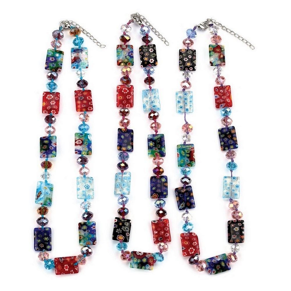 Bead string necklace millefiori glass flat rectangle stones & faceted beads 45cm multicoloured