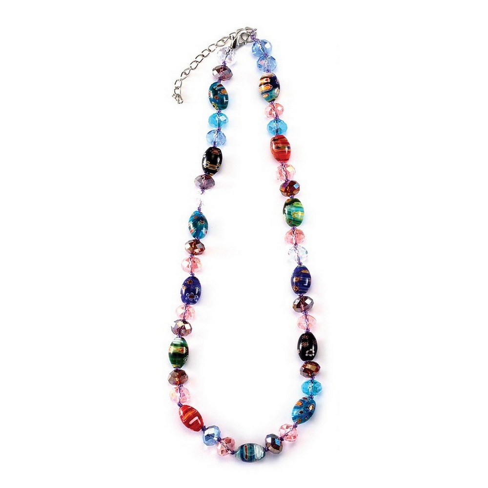 Bead string necklace millefiori glass oval stones and faceted beads purple