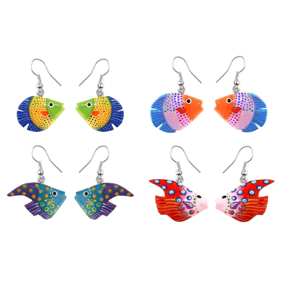 Drop earring wood hand painted assorted fish