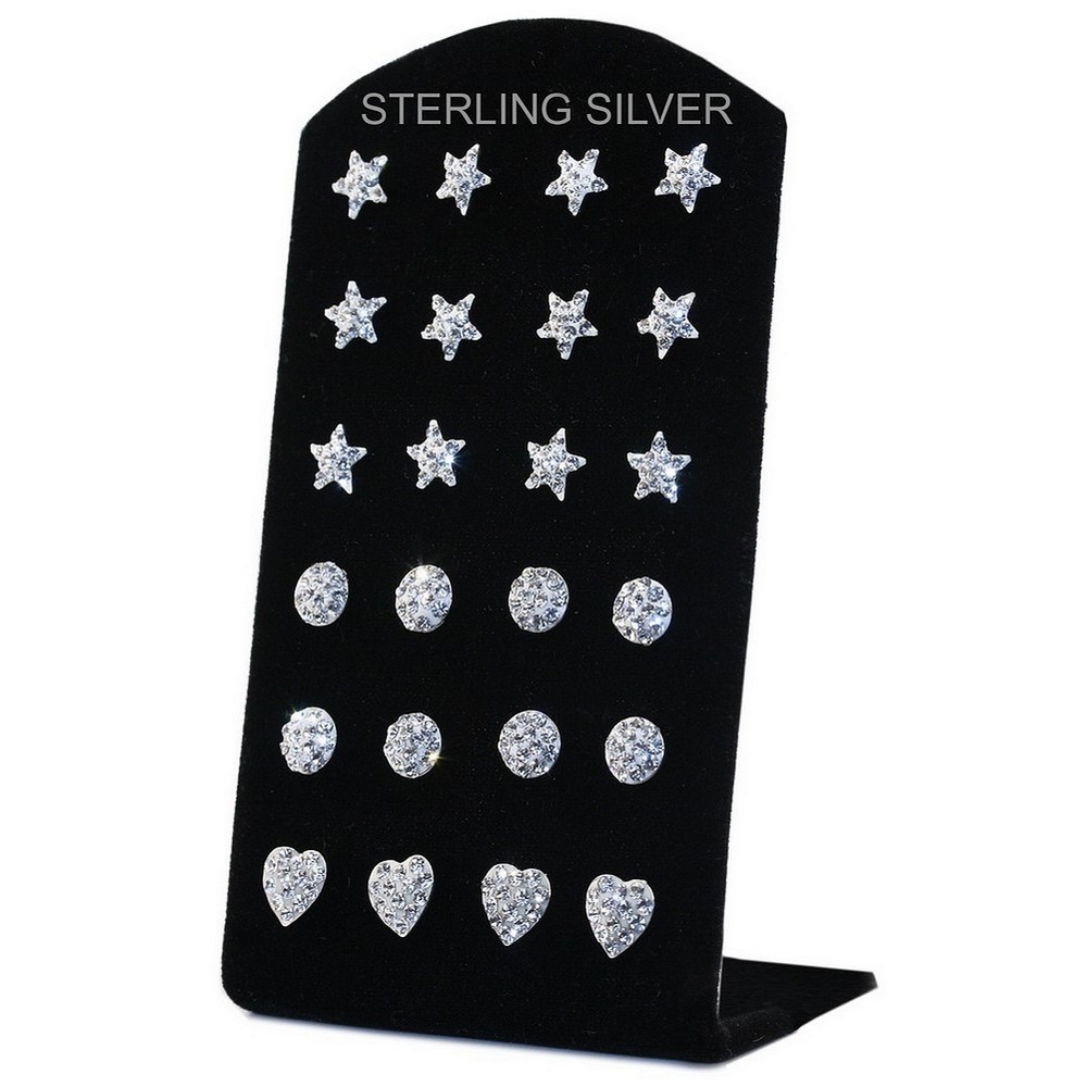 Stud earring crystal glass & 925 silver star, circle & heart silver