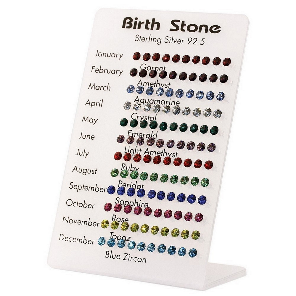 Stud earring 925 silver & crystal glass birthstone assorted colours