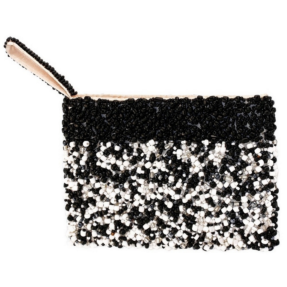 Coin purse glass beads & fabric handsewn random design with trim black & white