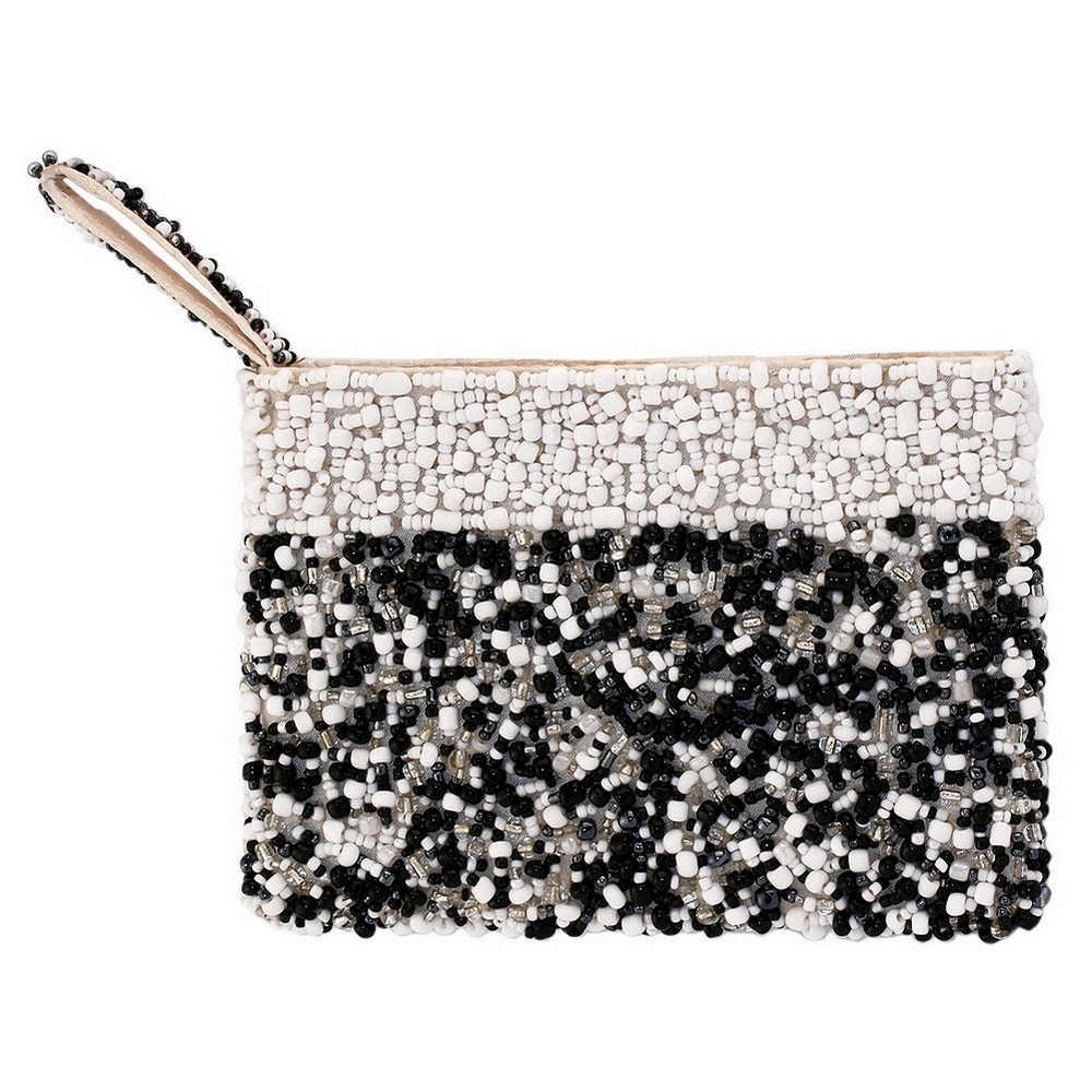 Coin purse glass beads & fabric handsewn random design with with trim off-white & black
