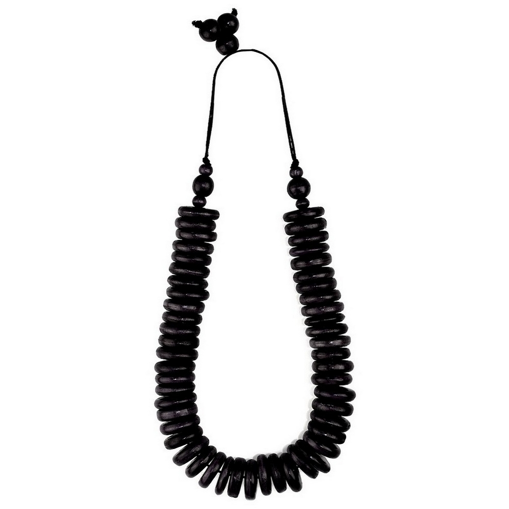 Bead string necklace wood & cord 25 mm disc 70cm black