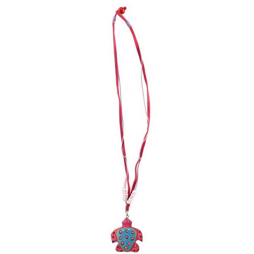 Necklace with a pendant wood & suede turtle fuchsia & blue