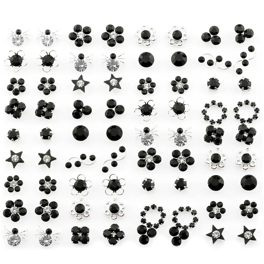 Stud earring 925 silver & crystal glass assorted delicate designs black