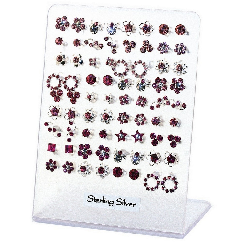 Stud earring 925 silver & crystal glass assorted delicate designs pink