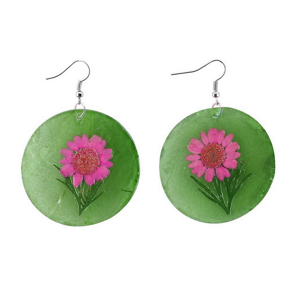 Drop earring capis shell daisy flower green