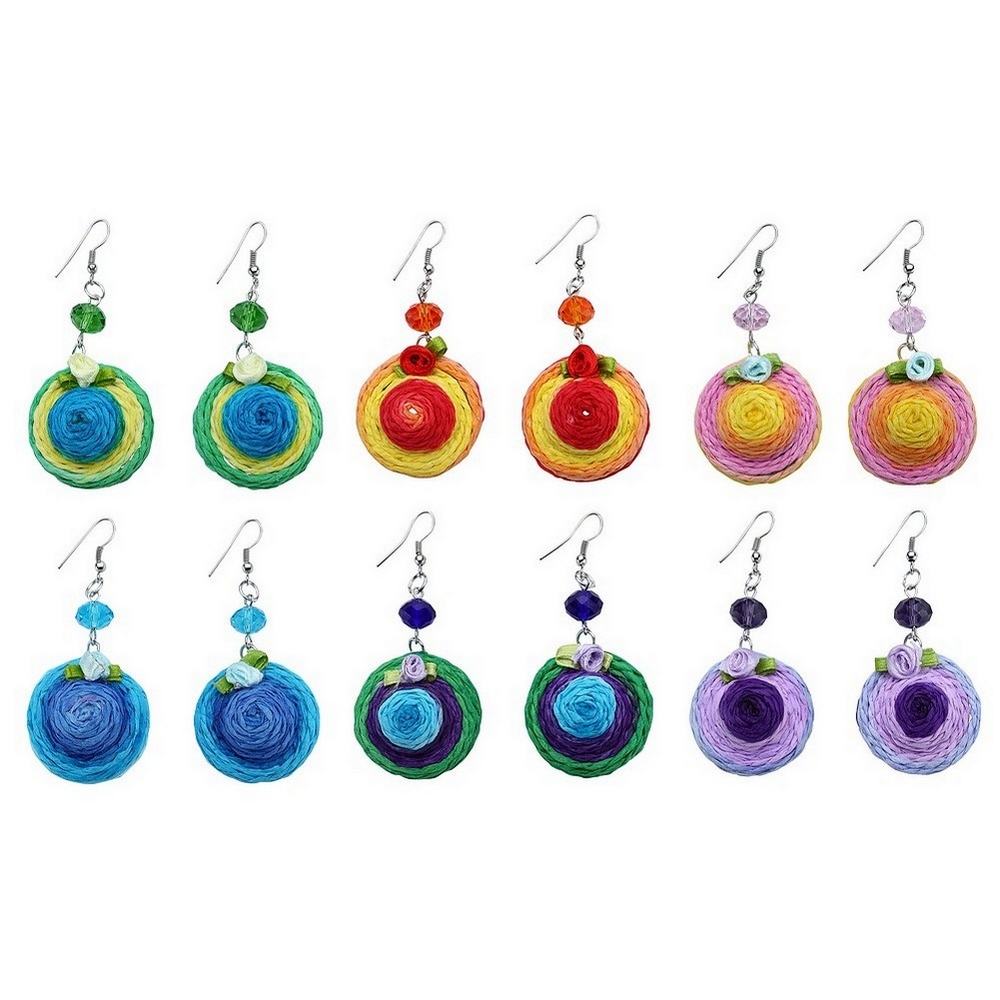 Drop earring raffia & crystal glass hat 30mm