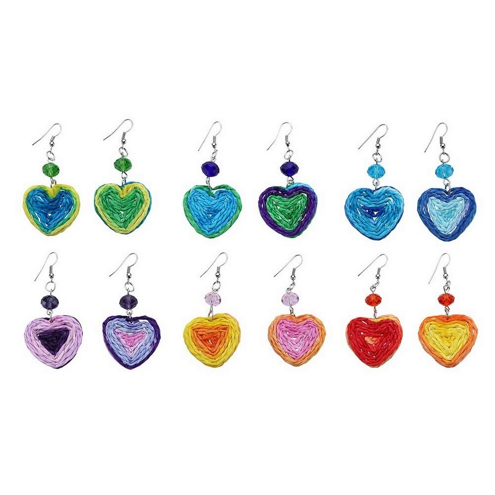 Drop earring raffia & crystal glass heart